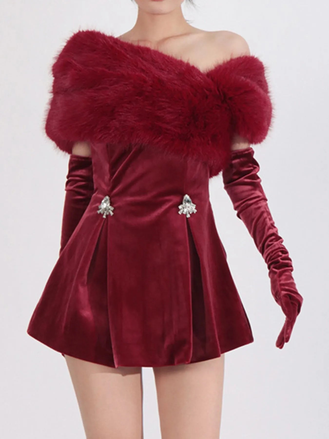 Red Fuzzy Off-the-Shoulder Rhinestone Mini Dress - product view 1