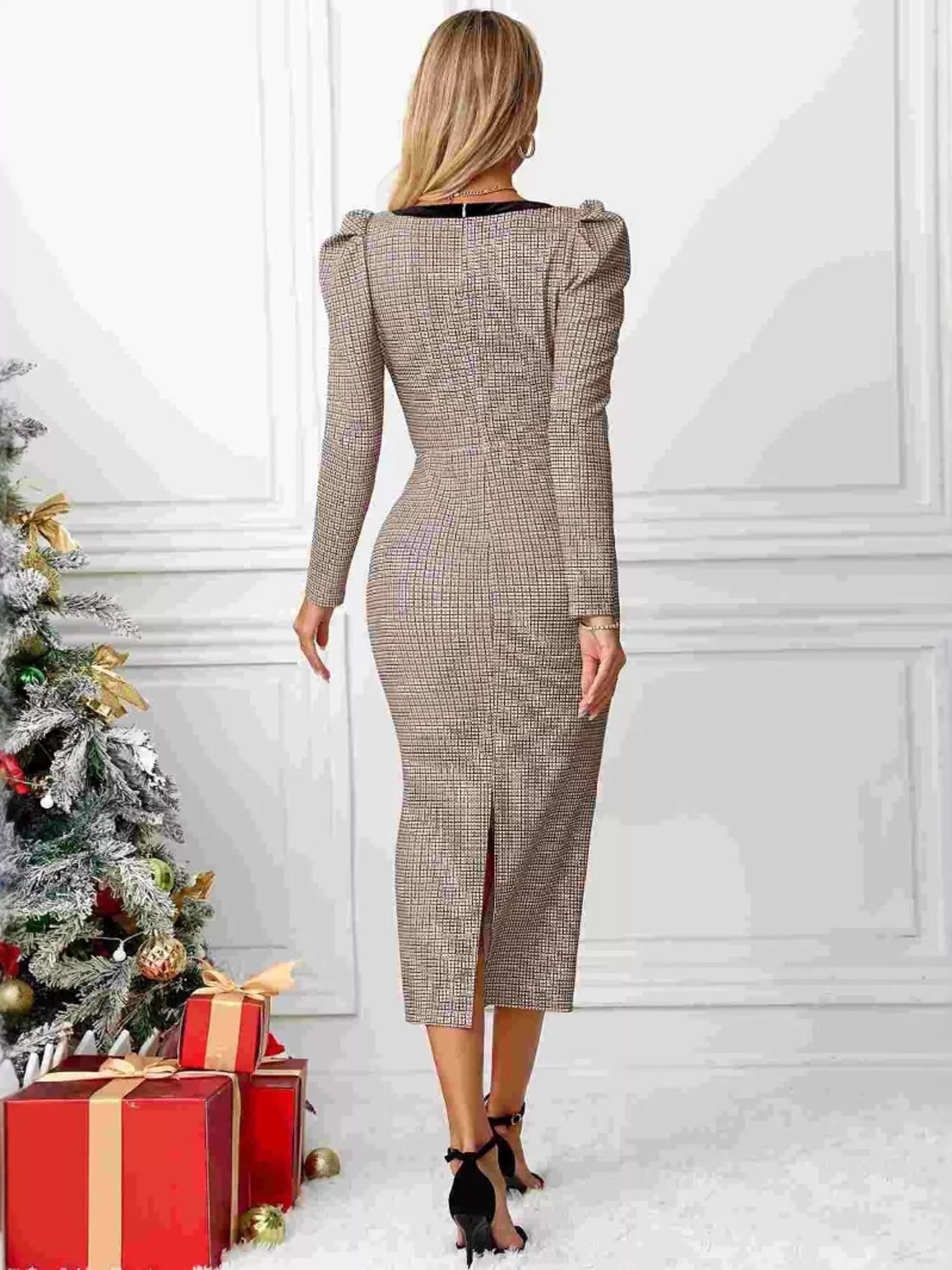 Houndstooth long sleeve midi dress alternate view