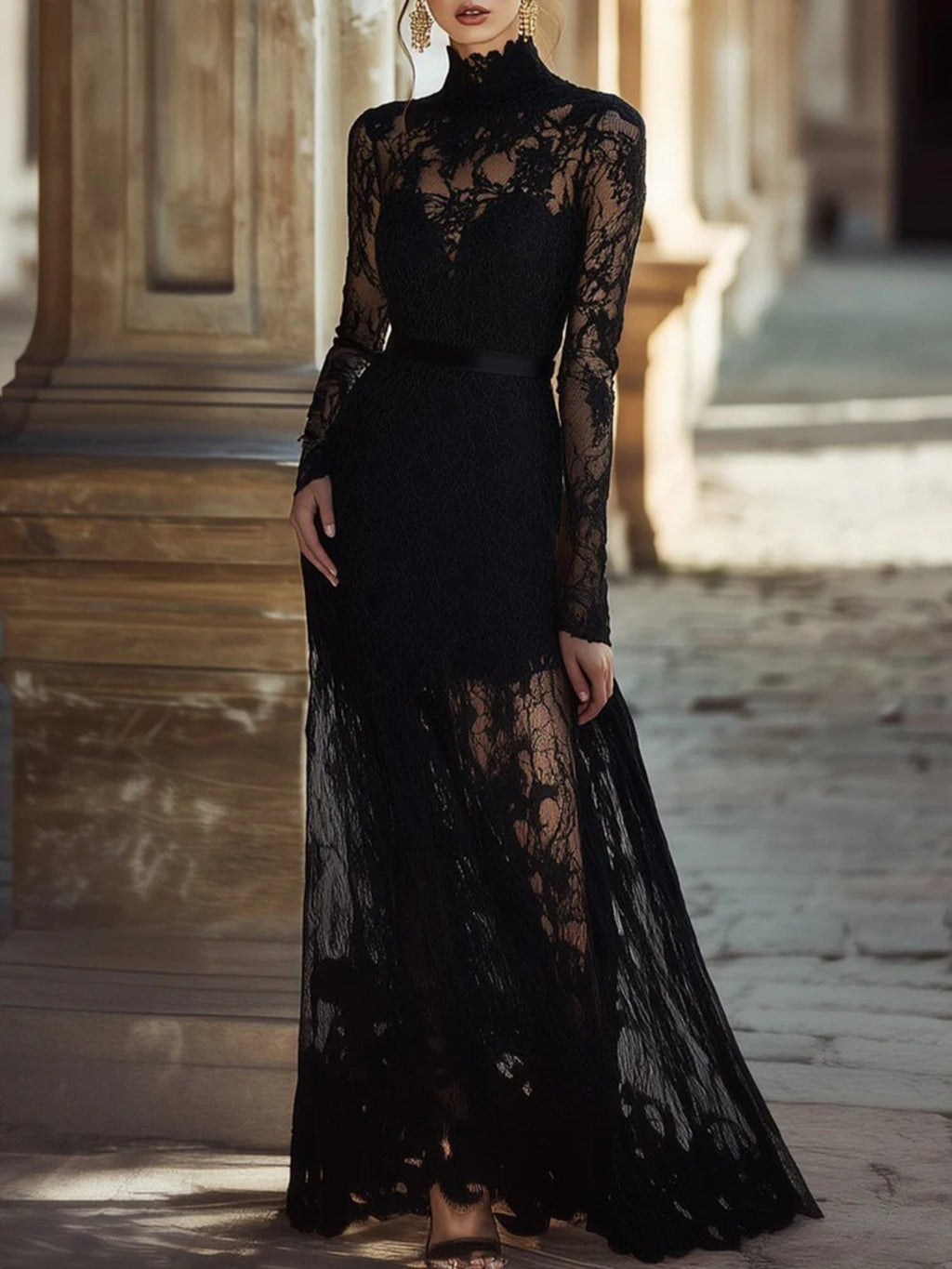 Black lace maxi dress full-length view