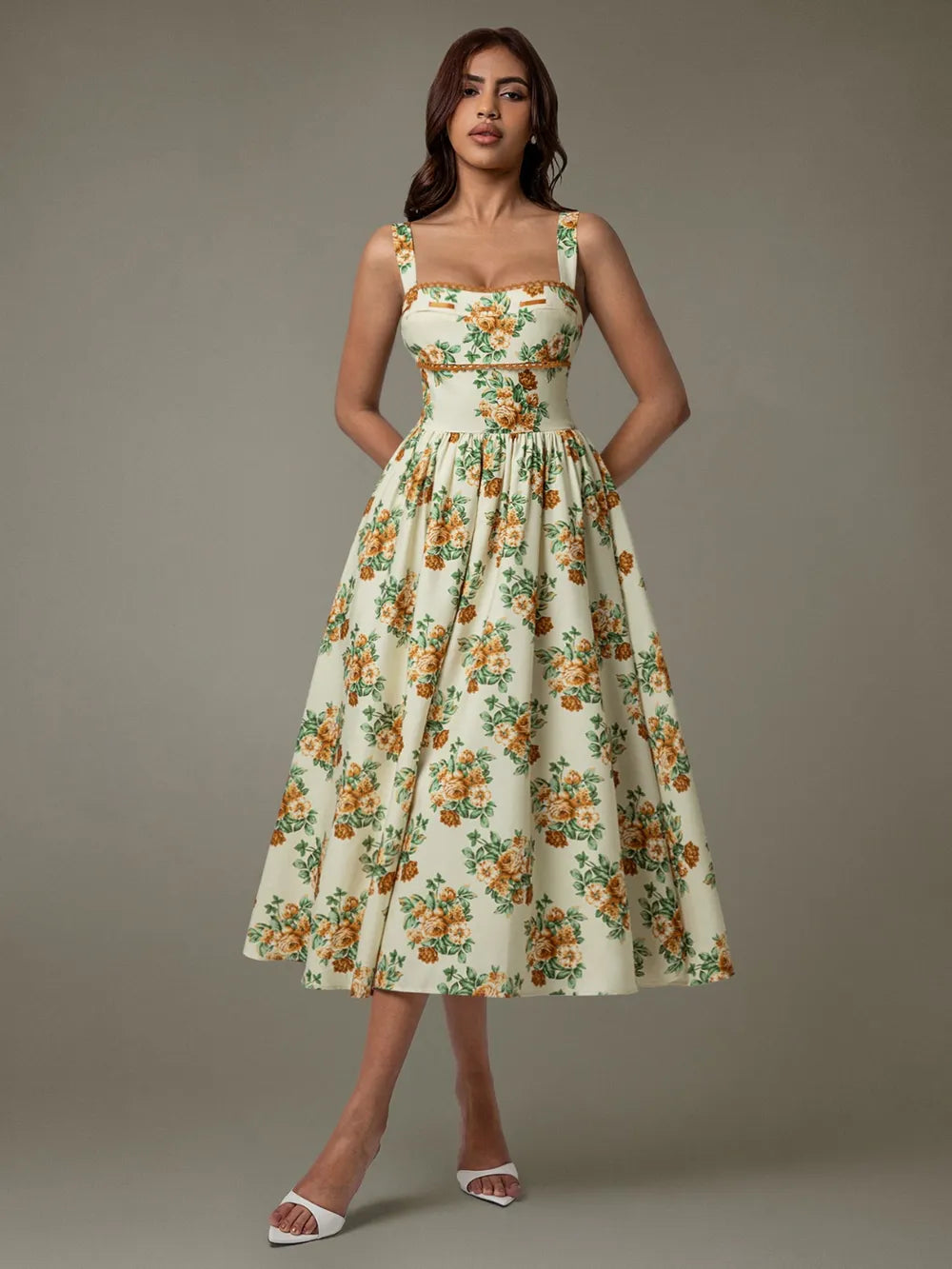 Pastel yellow lace-trim floral sleeveless midi dress front view