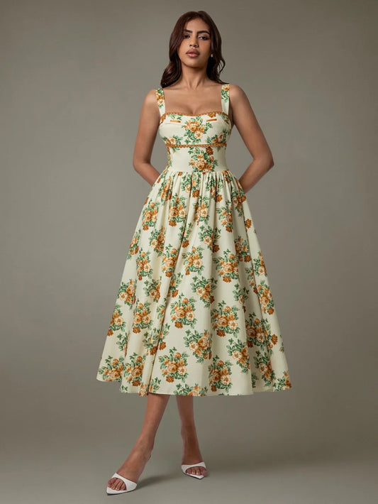 Pastel yellow lace-trim floral sleeveless midi dress front view