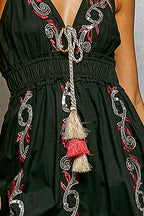Green pol embroidered cotton tiered midi cami dress, embroidery detail.