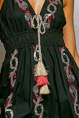 Green pol embroidered cotton tiered midi cami dress, embroidery detail.