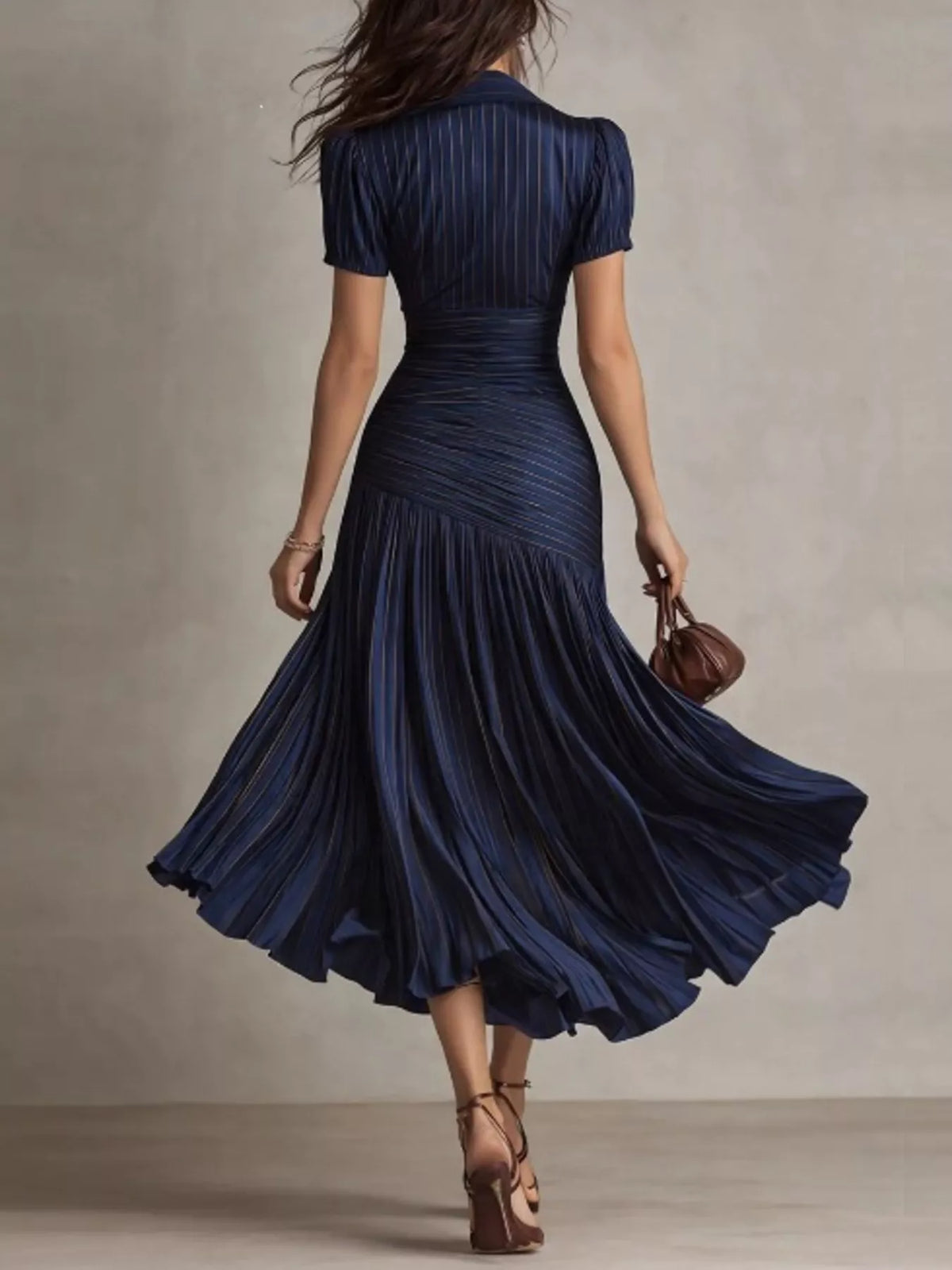 Navy striped midi dress, back view.