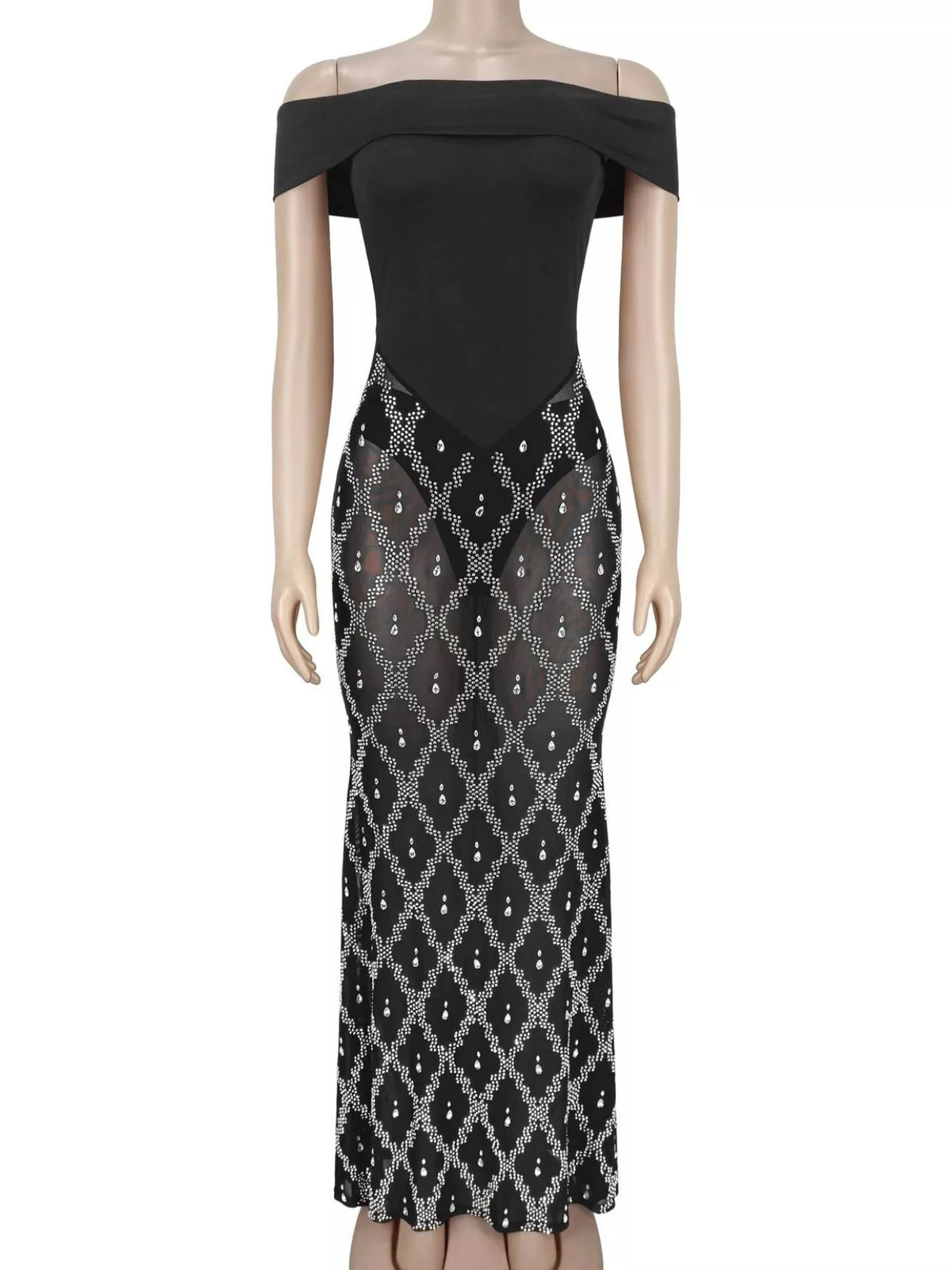 Black rhinestone sheer off-shoulder maxi dress, front view.