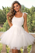 Tie shoulder lace mesh mini dress