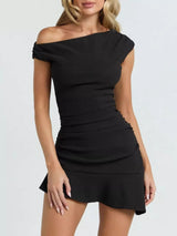 Black one-shoulder ruffle-hem mini dress, front view.