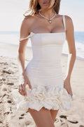 White ruched square-neck mini dress front view