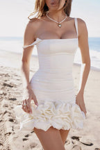 White ruched square-neck mini dress front view