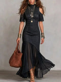 Dark-Blue Mock-Neck Cold-Shoulder Ruffle Maxi Dress - product view 1