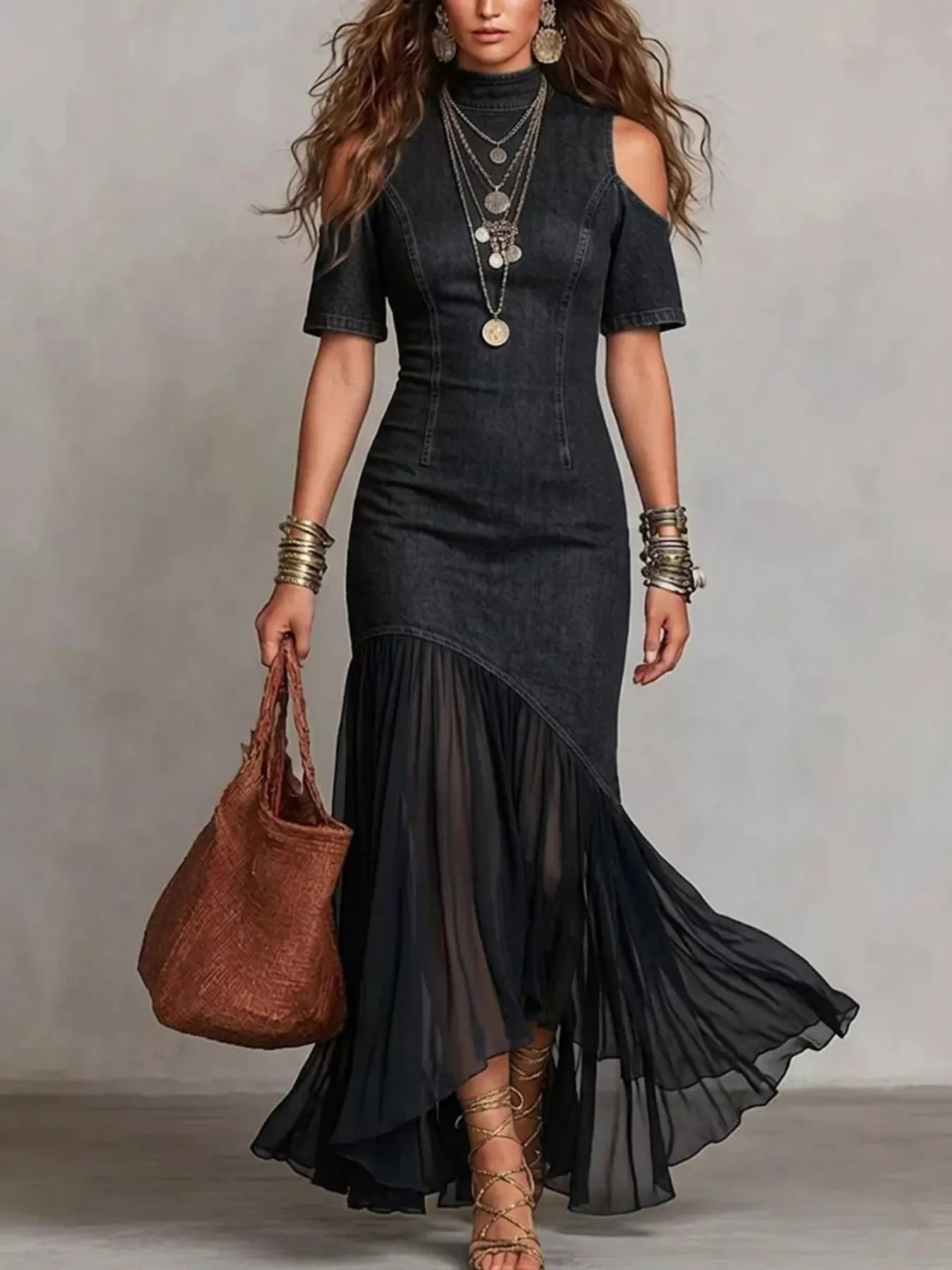 Dark-Blue Mock-Neck Cold-Shoulder Ruffle Maxi Dress - product view 1