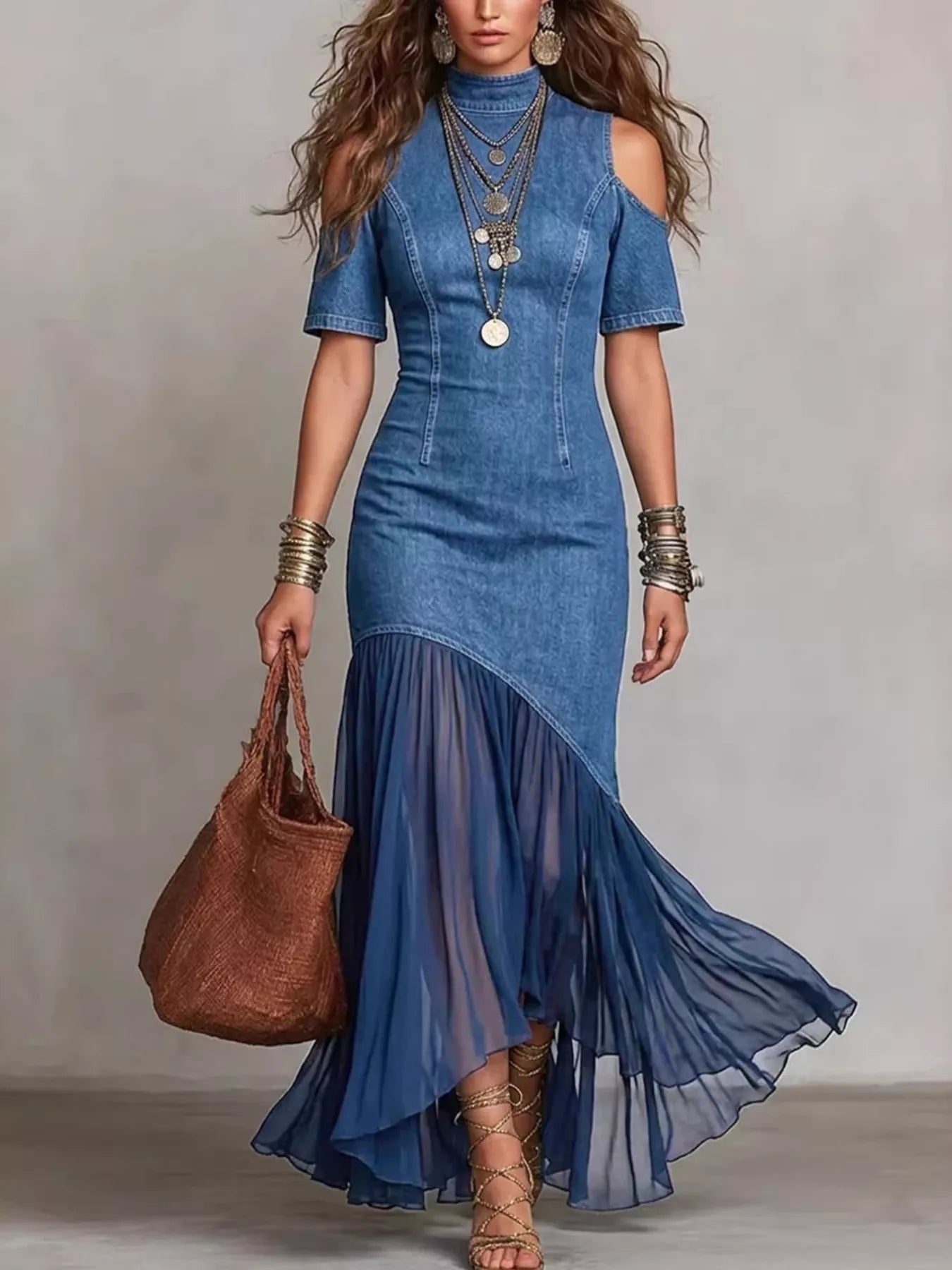 Dark-Blue Mock-Neck Cold-Shoulder Ruffle Maxi Dress - product view 5