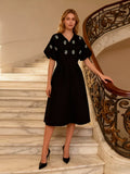 Rhinestone puff sleeve midi dress front view