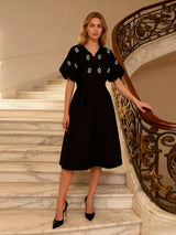 Rhinestone puff sleeve midi dress front view