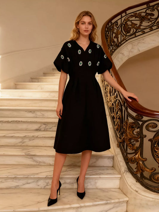 Rhinestone puff sleeve midi dress front view