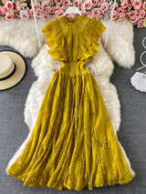 Yellow lace maxi dress ruffle detail