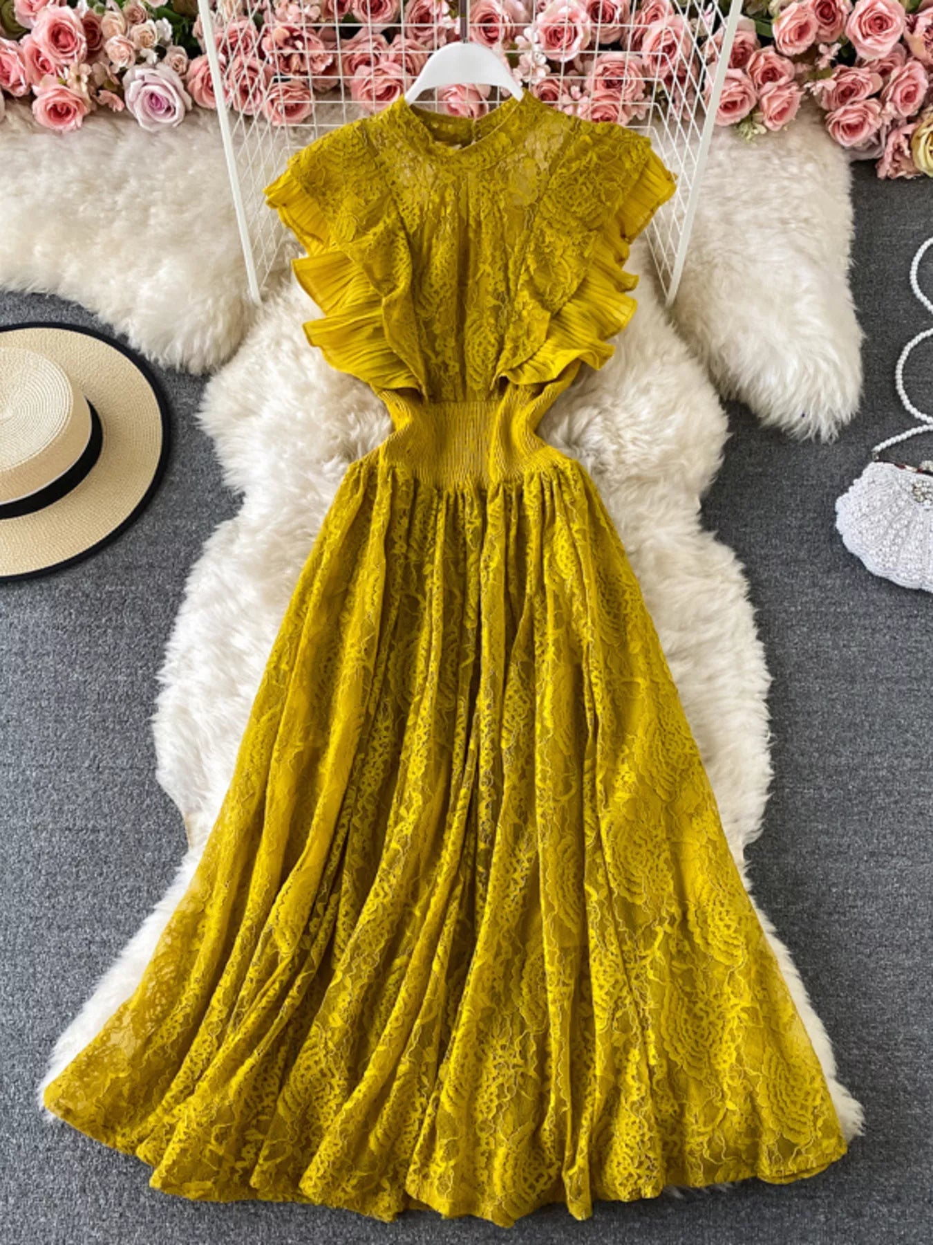Yellow lace maxi dress ruffle detail