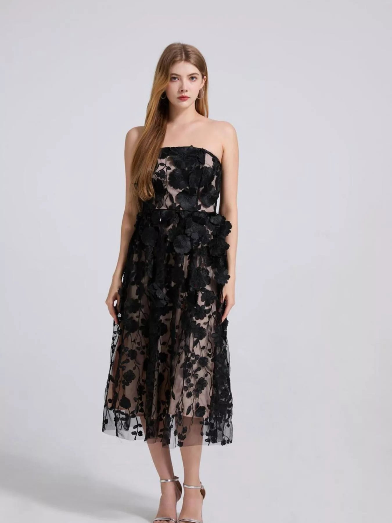 Floral appliqué midi dress side view