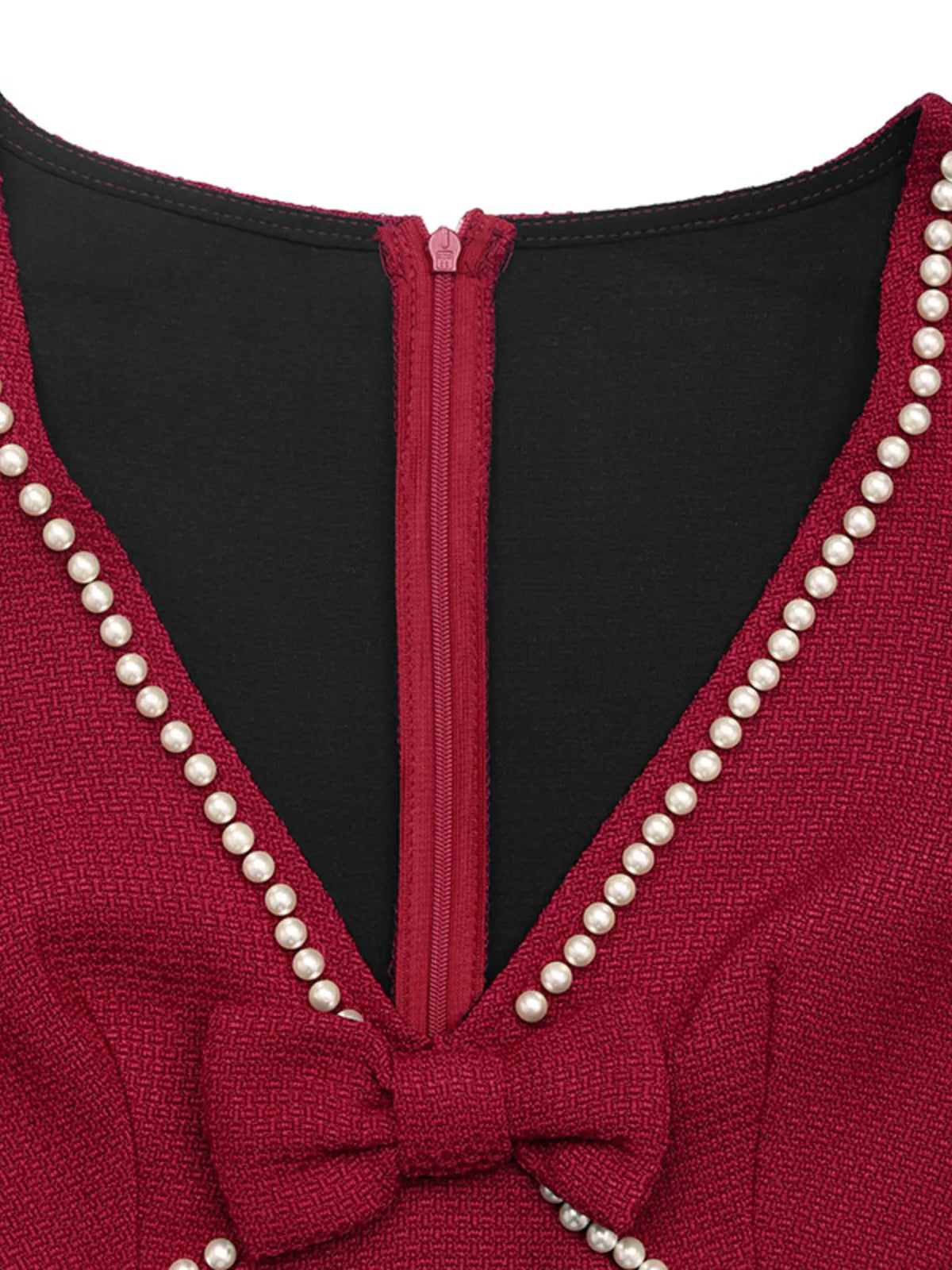 Red pearl-trim v-neck bodycon dress, neckline detail.