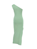 Green one-shoulder fitted dress, front view