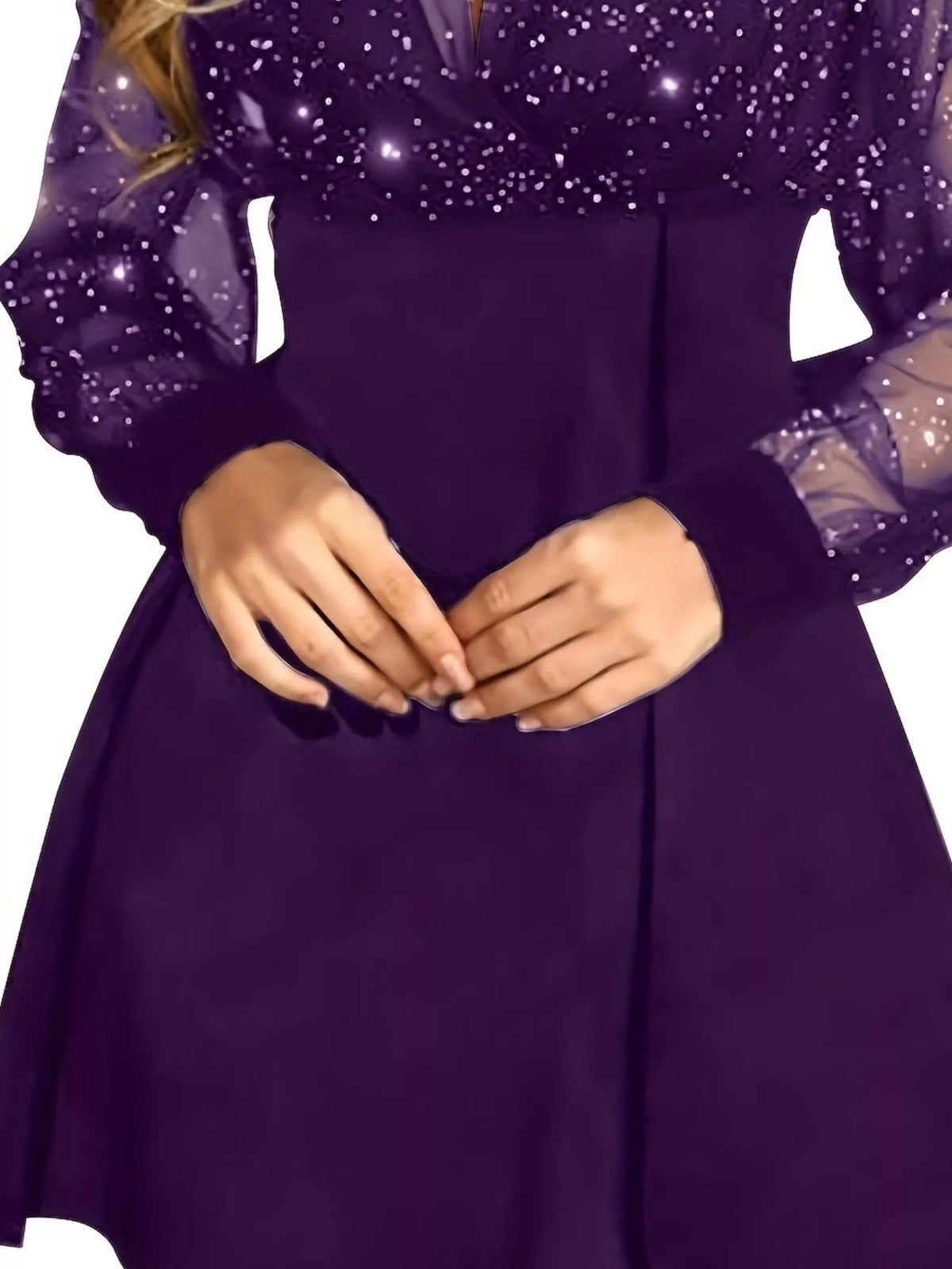 Purple glitter mesh long-sleeve mini dress, waist detail.