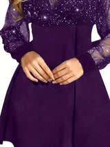 Purple glitter mesh long-sleeve mini dress, waist detail.