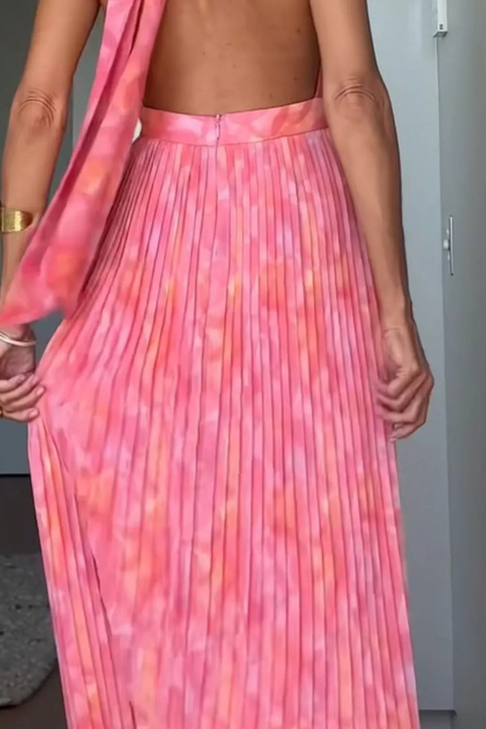 Pink Halter-Neck Pleated Backless Maxi Dress - product view 2