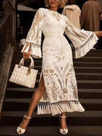 Ivory lace tassel midi dress, front view.