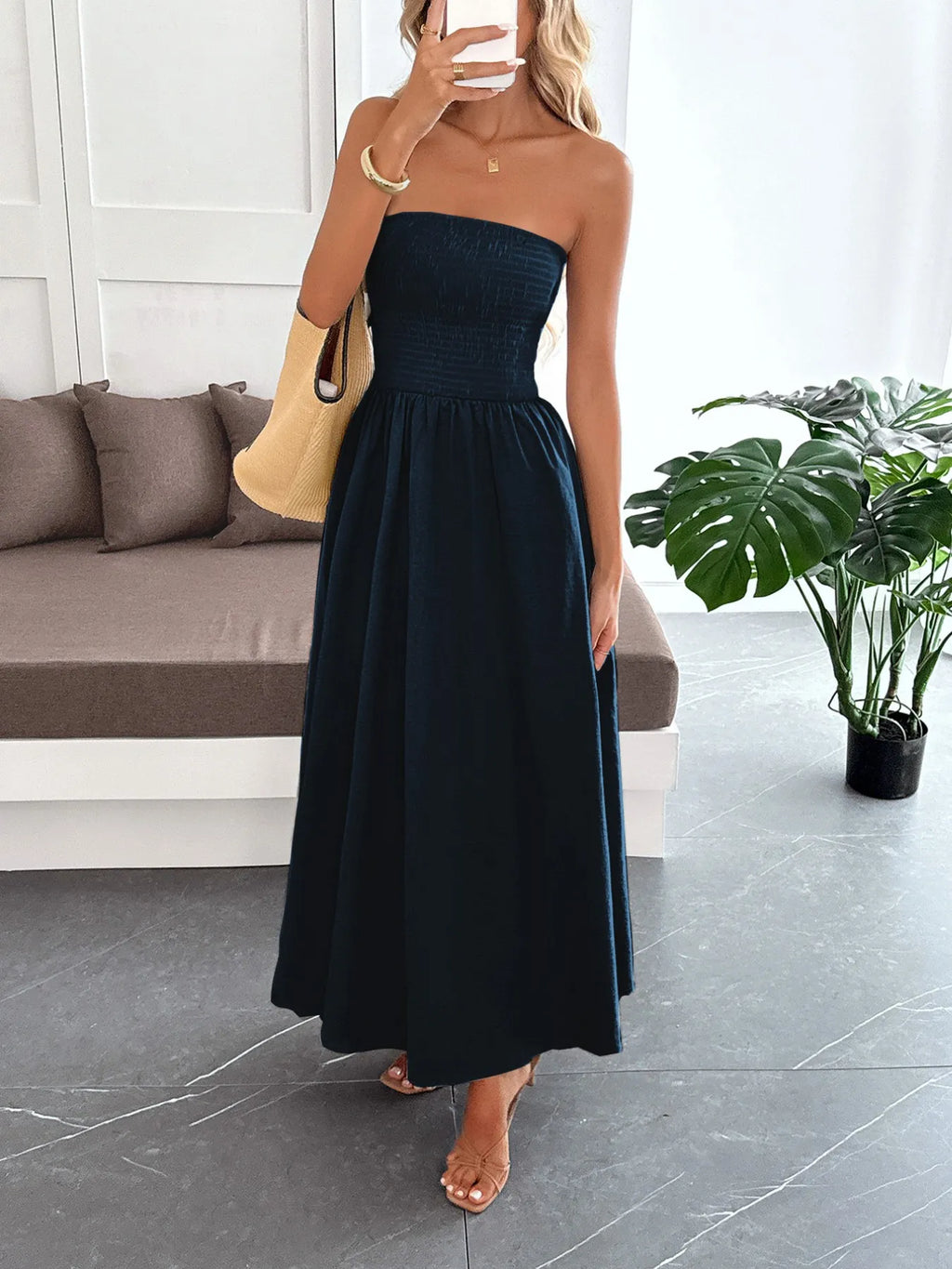 Dark blue smocked tube maxi dress