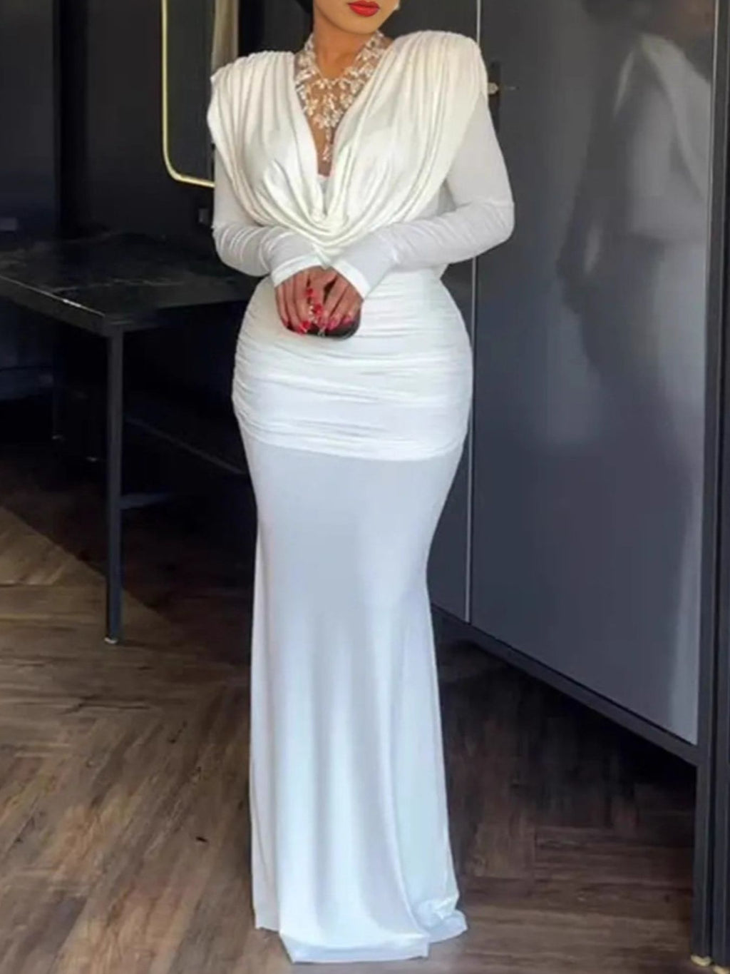 Ruched long-sleeve maxi dress front view
