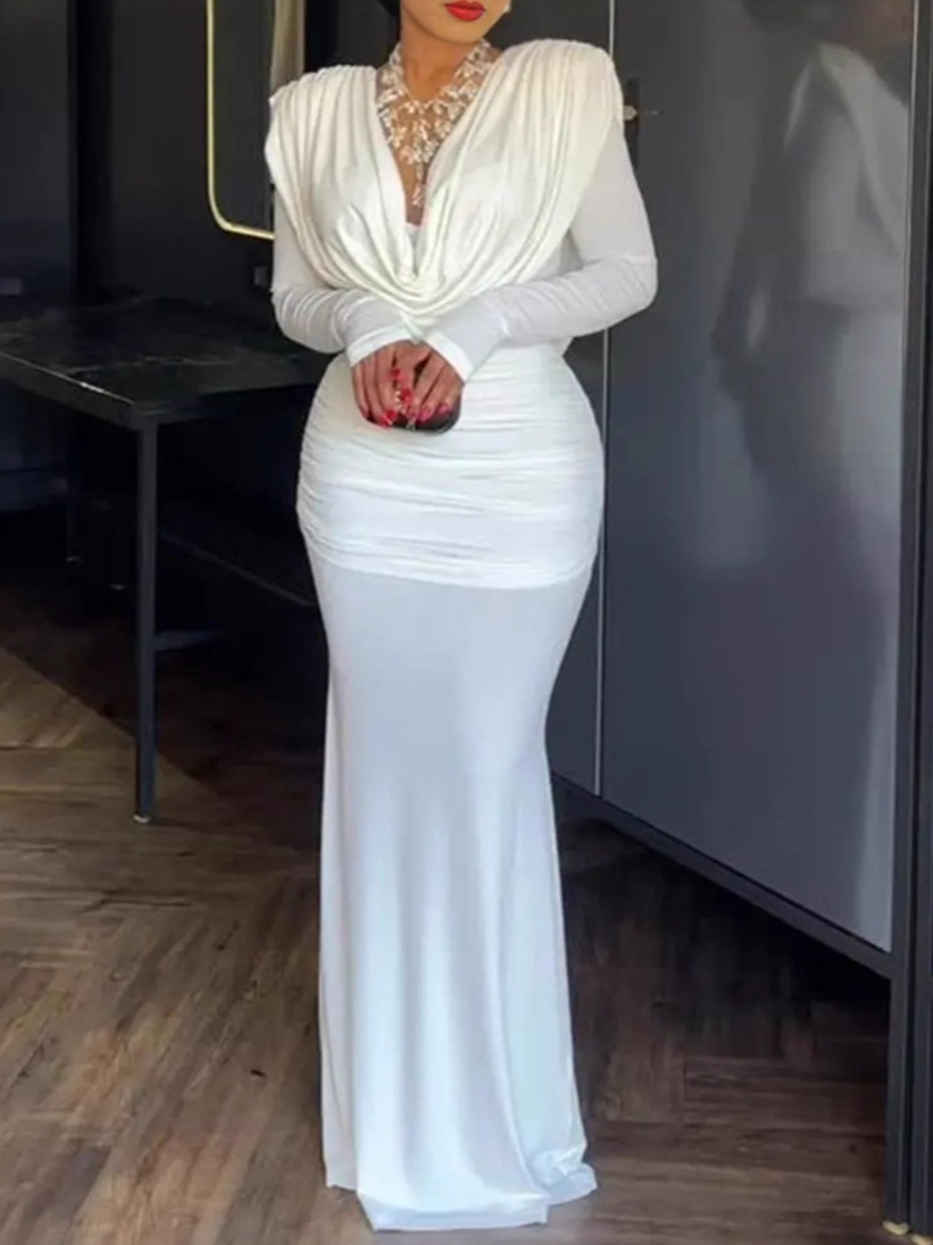 Ruched long-sleeve maxi dress front view