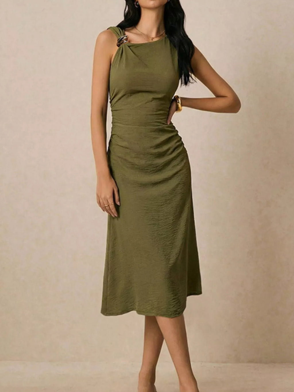 Green ruched midi dress side view