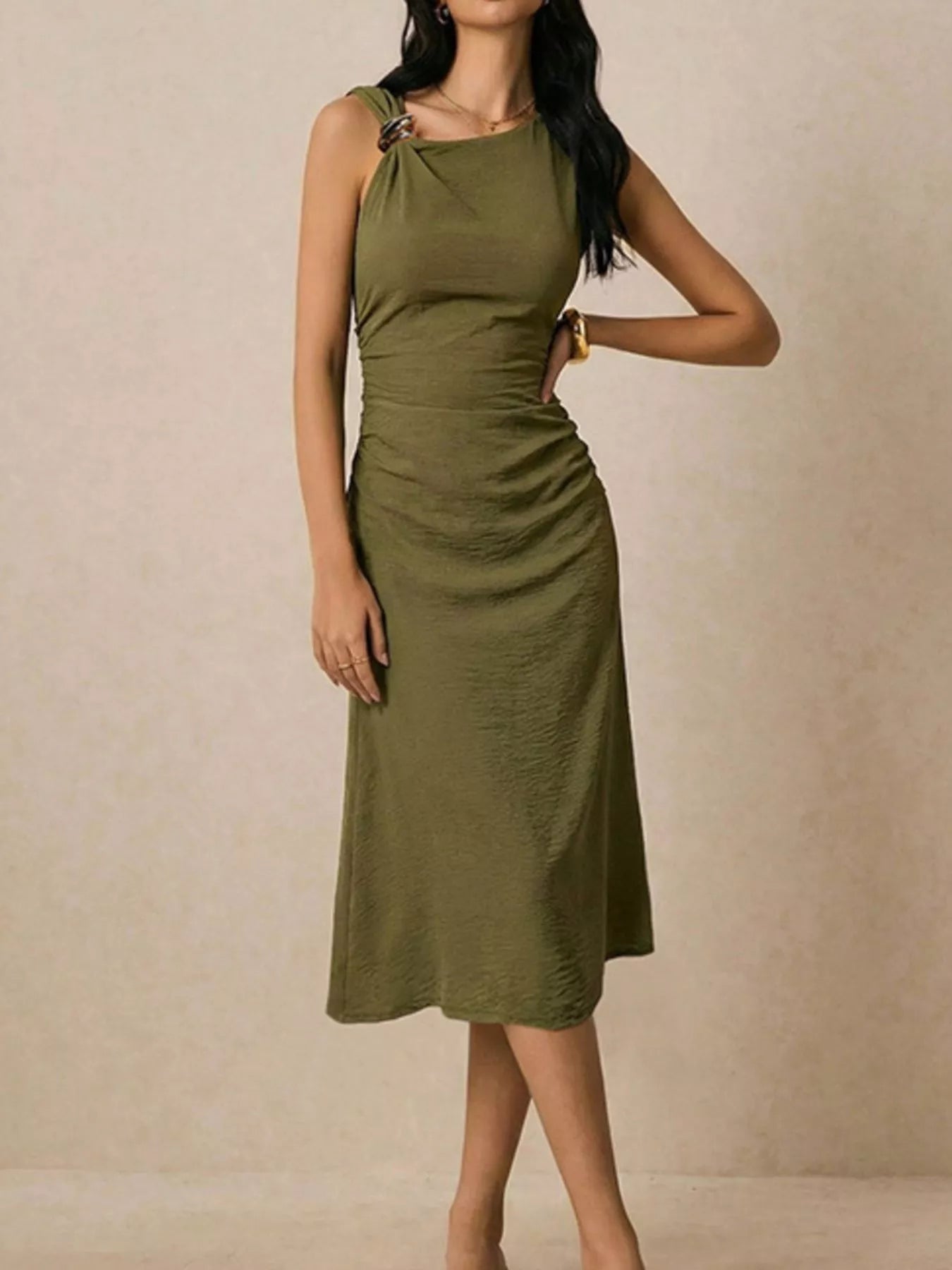 Green ruched midi dress side view