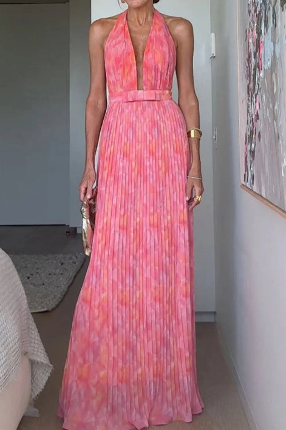 Pink Halter-Neck Pleated Backless Maxi Dress - product view 1