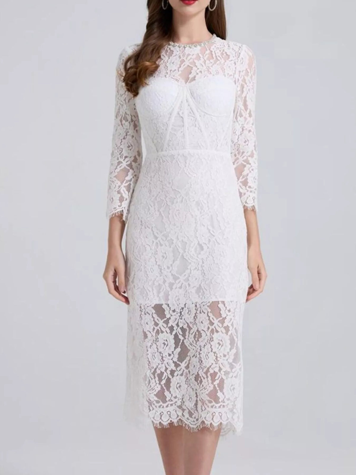 White lace long-sleeve midi dress, front view.