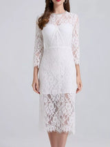 White lace long-sleeve midi dress, front view.