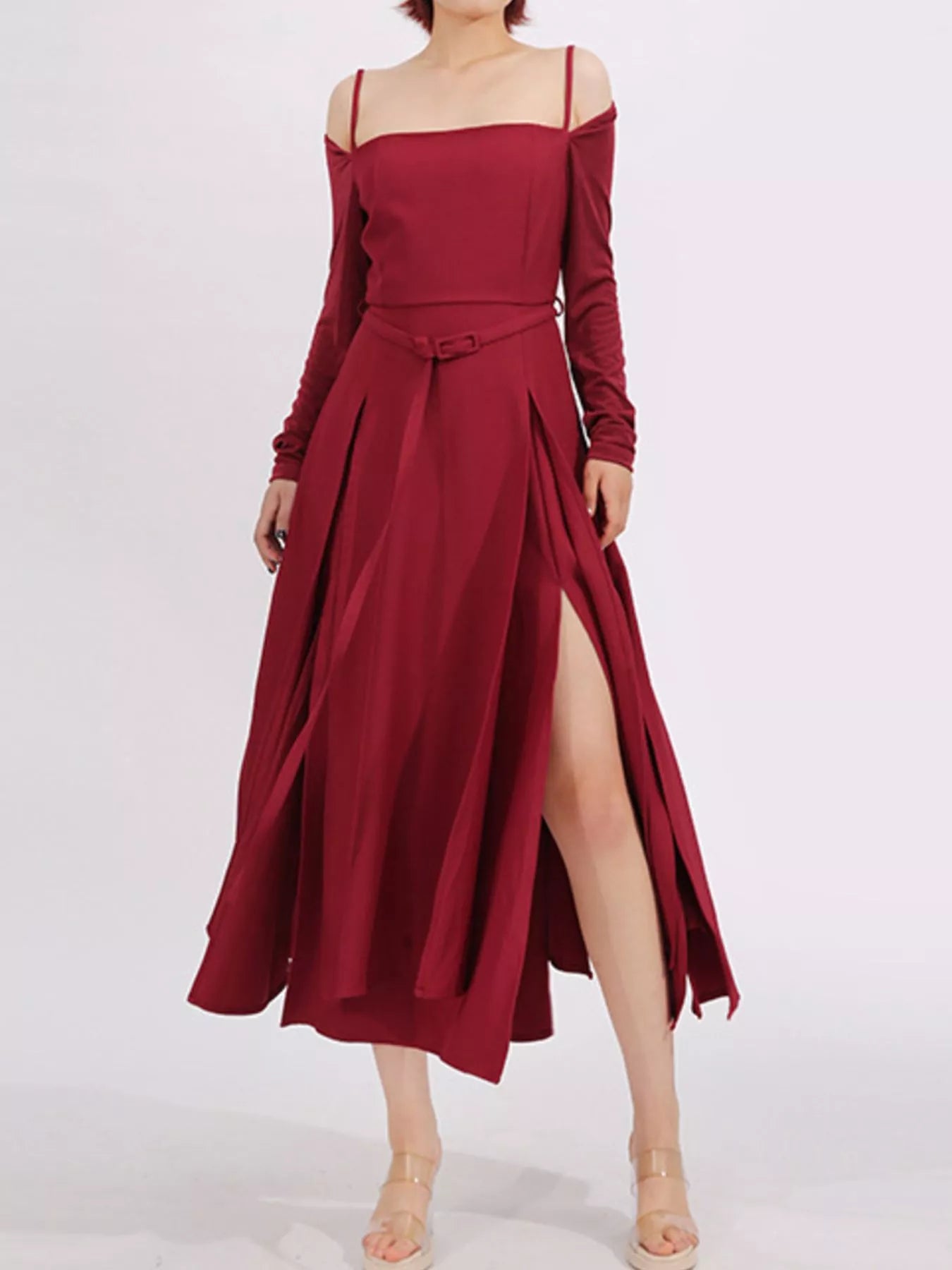 Ruched Spaghetti-Strap Long-Sleeve Slit Dress - product view 1