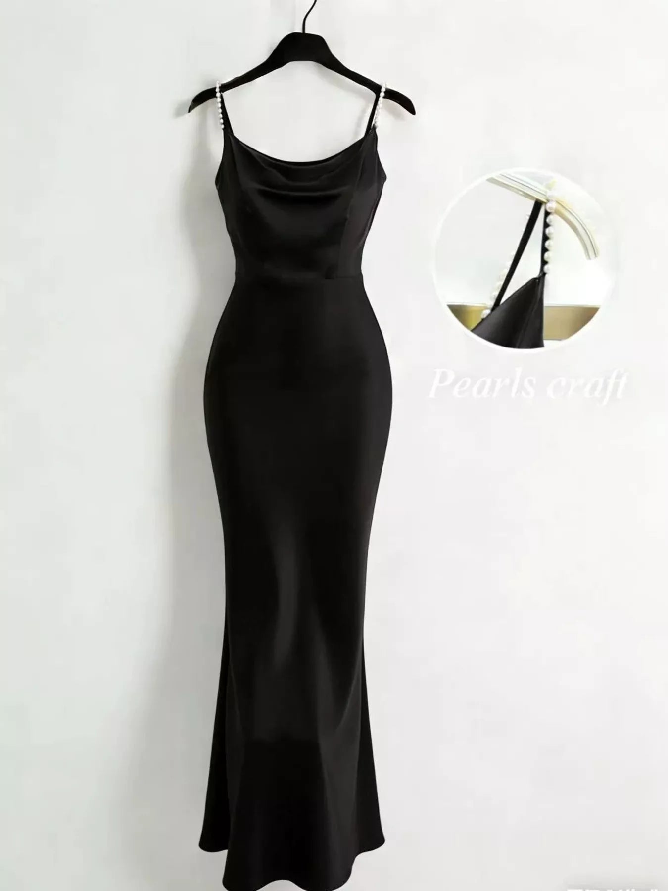 Pearl-strap satin dress neckline detail