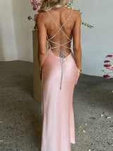 Blush-pink cowl-neck thin-strap dress with high slit, back view