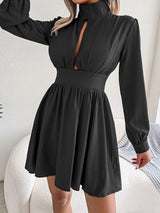 Black long-sleeve cutout-neck mini dress, front view