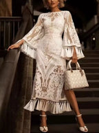 Ivory lace tassel midi dress, front view.