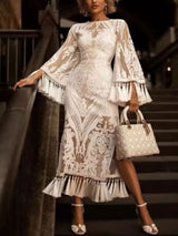 Ivory lace tassel midi dress, front view.