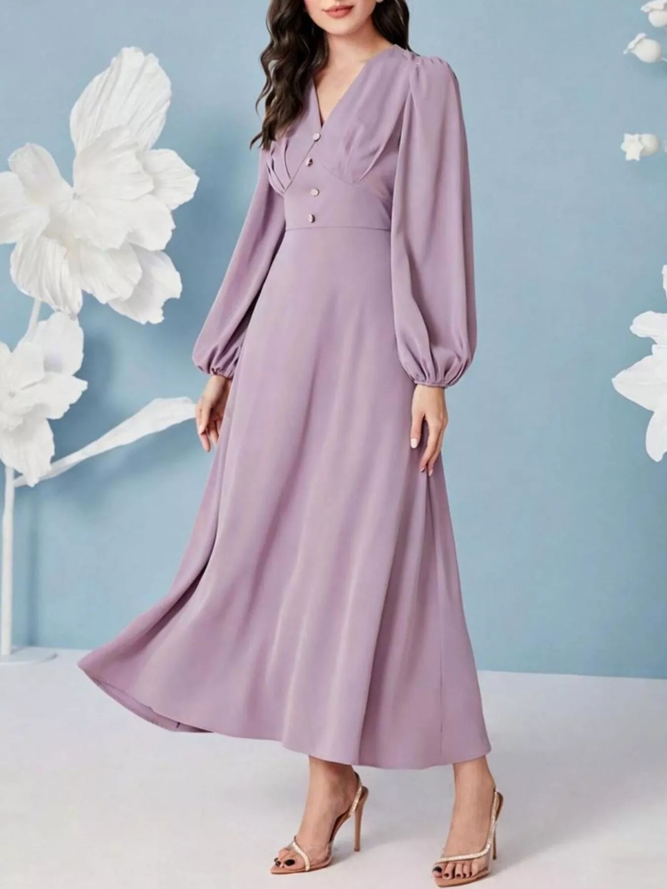 Lavender V-neck balloon sleeve maxi dress 3
