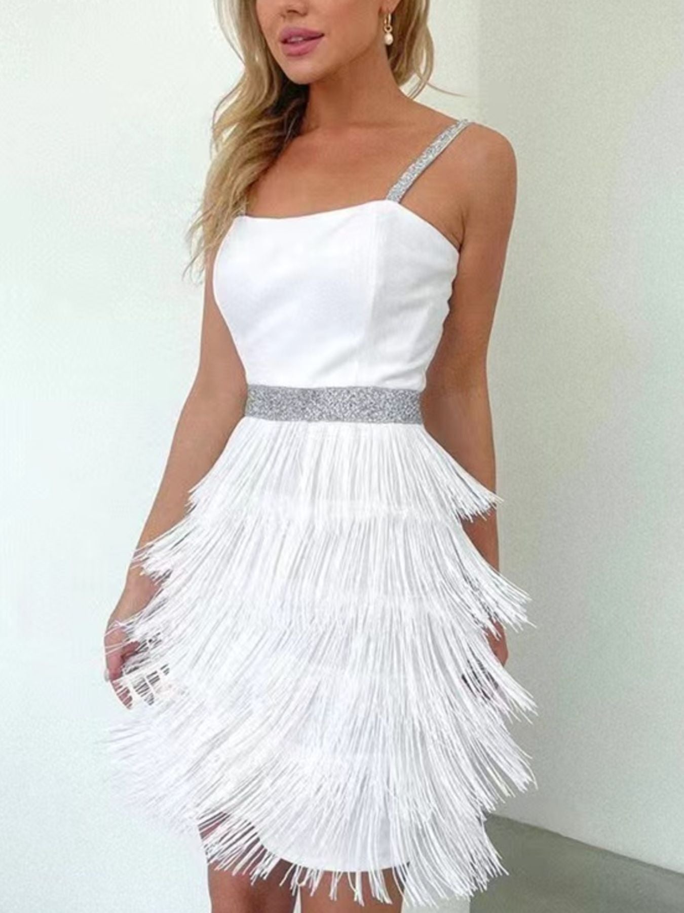 Fringe-trim mini dress back view