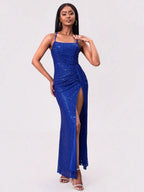 Royal-Blue Sequin Spaghetti-Strap Slit Dress - product view 3