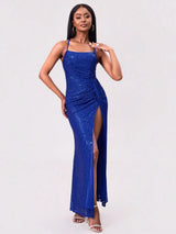 Royal-Blue Sequin Spaghetti-Strap Slit Dress - product view 3