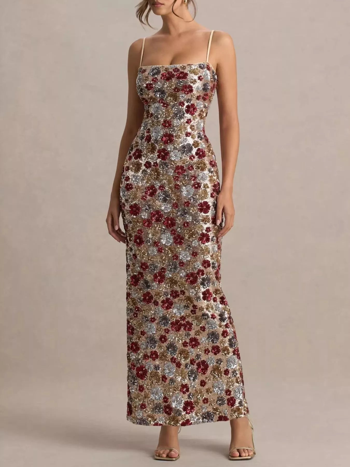 Multicolor floral sequin maxi dress side view