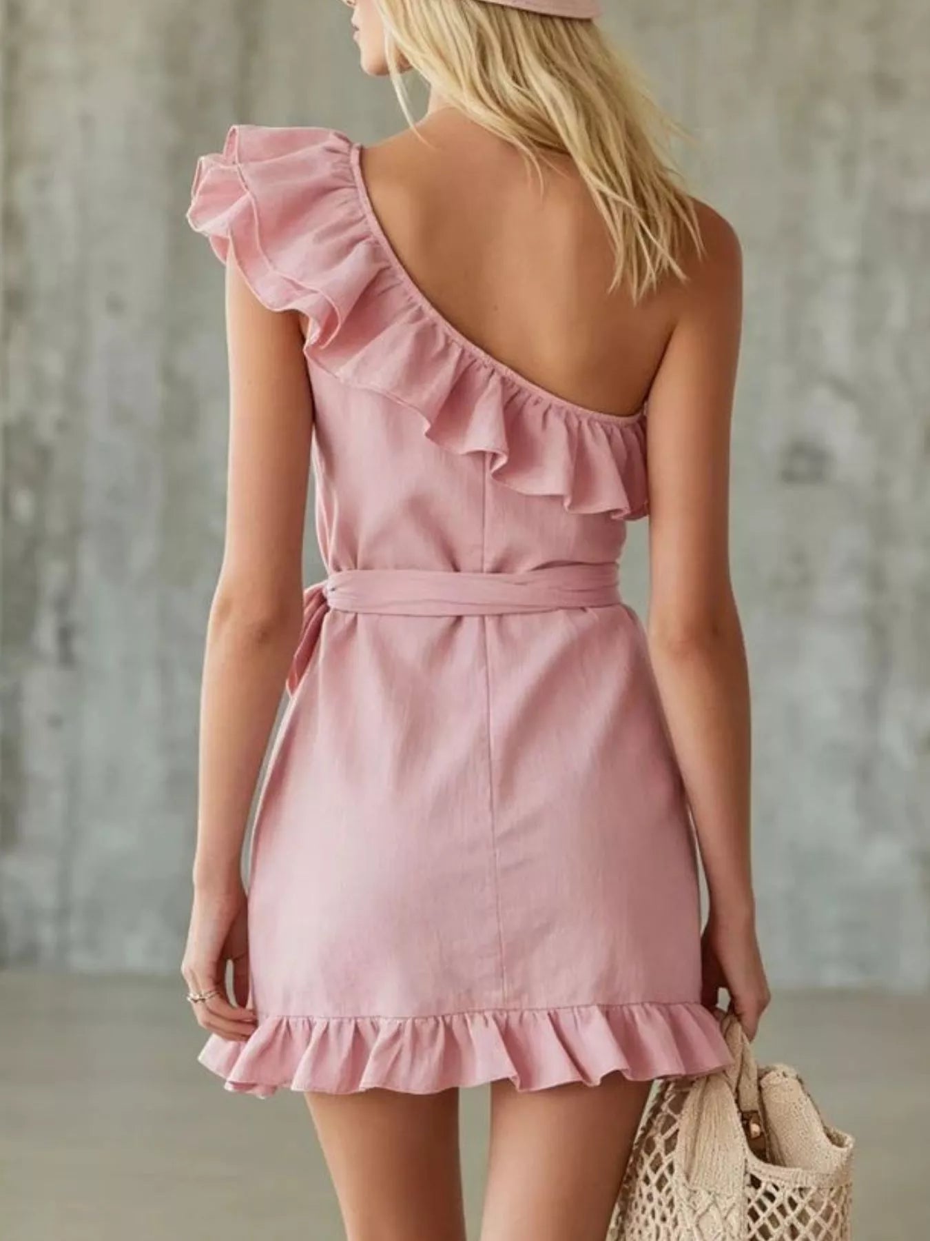 Ruffled one-shoulder mini dress side view