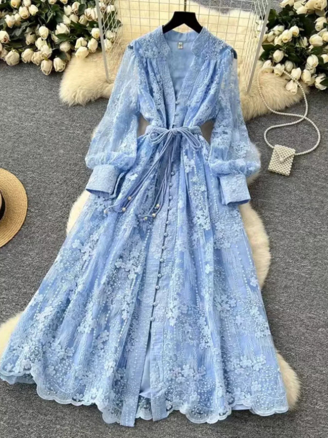 Lace tie-waist long sleeve dress
