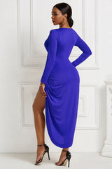 Royal blue ruched long-sleeve wrap dress, back view